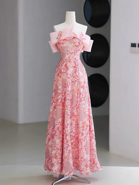 Fairy A Line Off the Shoulder Pink Sequin Tulle Long Evening Dress Prom Dress DP1255