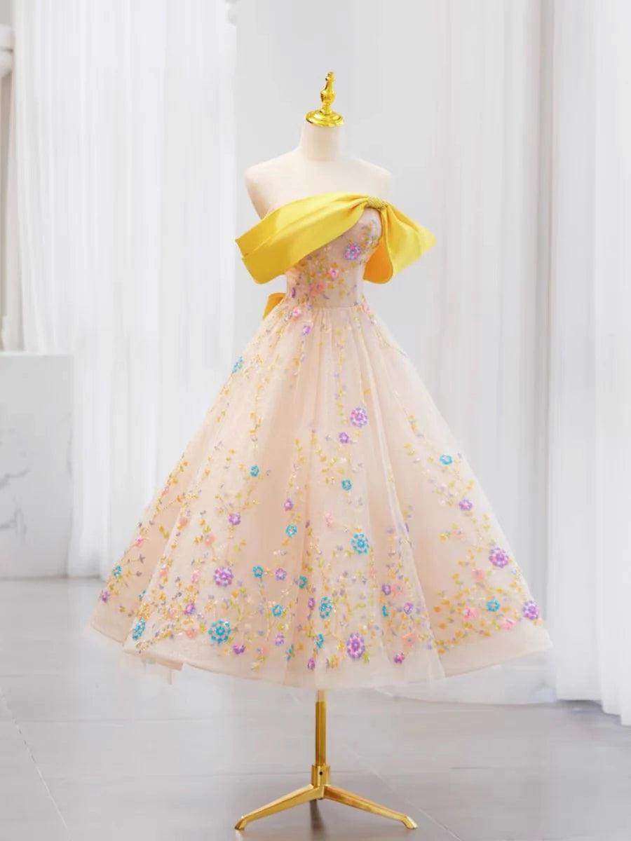 Cute A Line Off the Shoulder Flowers Satin Short Homecoming Dress DP1243