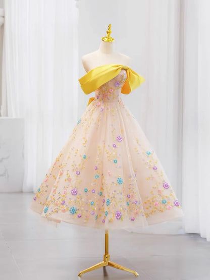 Cute A Line Off the Shoulder Flowers Satin Short Homecoming Dress DP1243
