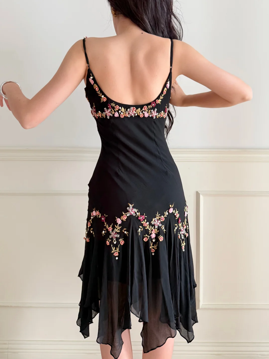 Vintage Cute A Line Floral Embroidery Black Chiffon Homecoming Dress Outfits DP5140
