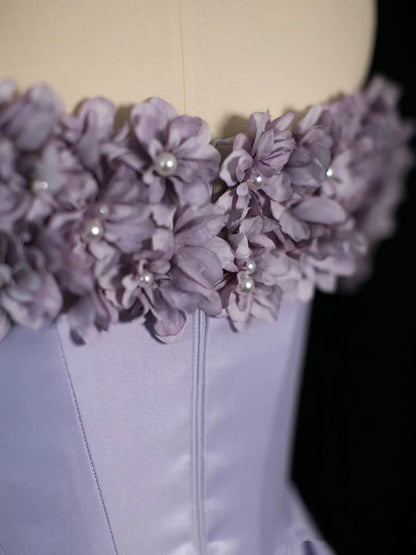 Lilac A Line Off the Shoulder Floral Satin Long Prom Dress Party Evening Dress DP1242