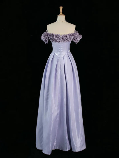 Lilac A Line Off the Shoulder Floral Satin Long Prom Dress Party Evening Dress DP1242