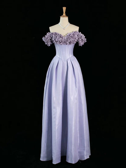 Lilac A Line Off the Shoulder Floral Satin Long Prom Dress Party Evening Dress DP1242