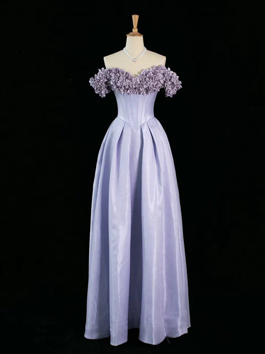 Lilac A Line Off the Shoulder Floral Satin Long Prom Dress Party Evening Dress DP1242