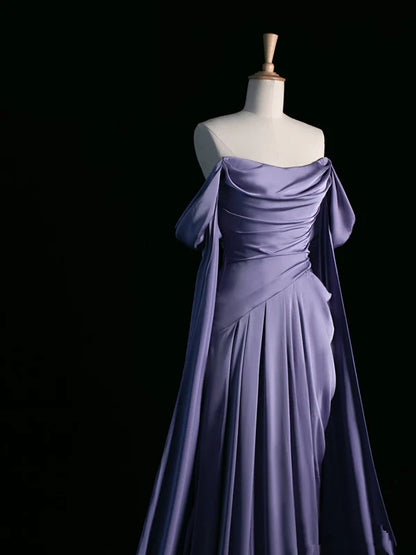 Vintage A Line Off the Shoulder Grape Satin Prom Dresses Evening Dress DP1188