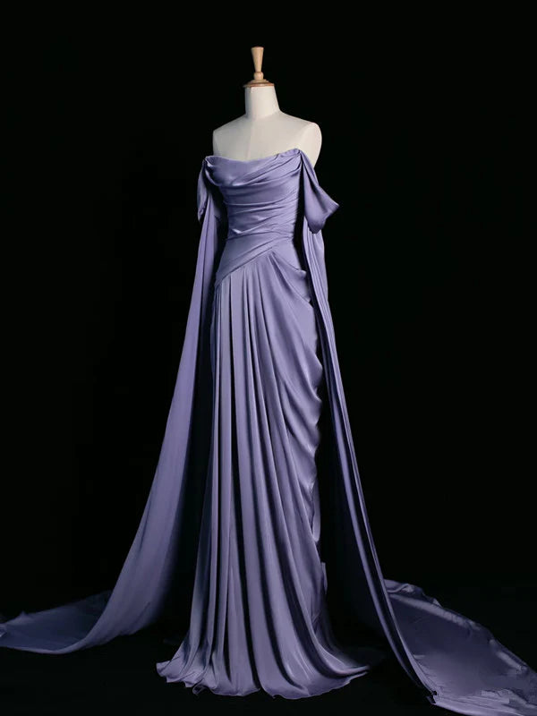 Vintage A Line Off the Shoulder Grape Satin Prom Dresses Evening Dress DP1188