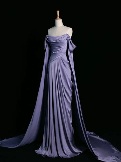 Vintage A Line Off the Shoulder Grape Satin Prom Dresses Evening Dress DP1188