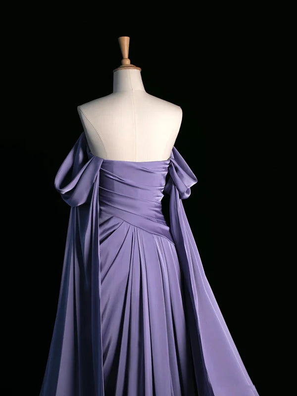 Vintage A Line Off the Shoulder Grape Satin Prom Dresses Evening Dress DP1188