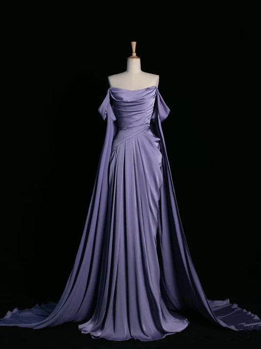 Vintage A Line Off the Shoulder Grape Satin Prom Dresses Evening Dress DP1188