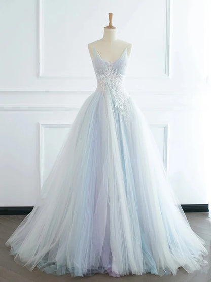 Pretty Spaghetti Straps Appliques Sequins Tulle Long Evening Dress Ball Gown DP1273