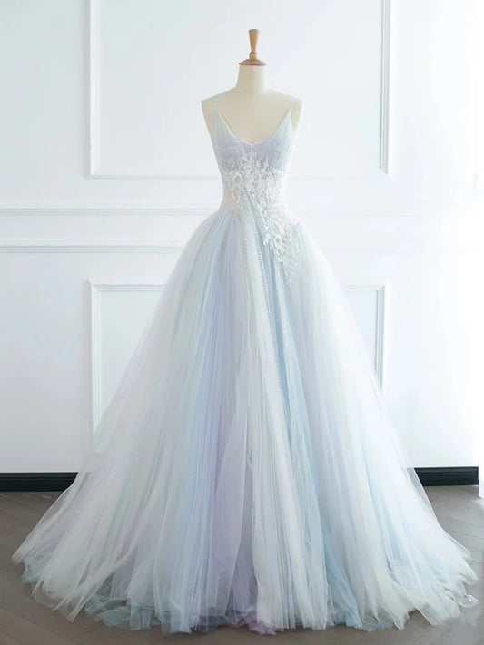 Pretty Spaghetti Straps Appliques Sequins Tulle Long Evening Dress Ball Gown DP1273