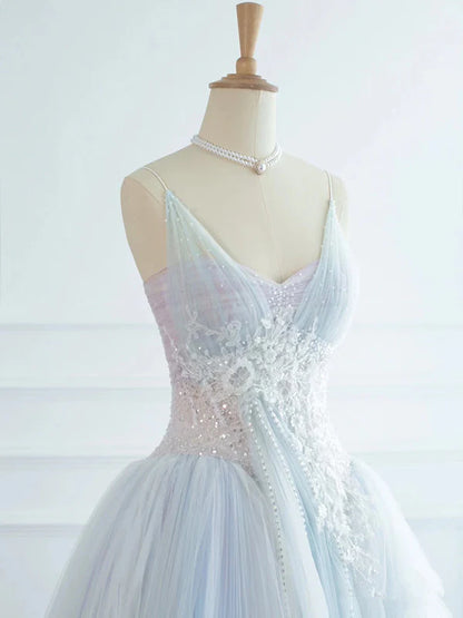 Pretty Spaghetti Straps Appliques Sequins Tulle Long Evening Dress Ball Gown DP1273