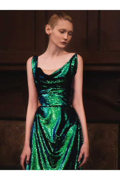 Green A Line Straps Sequin Open Back Prom Dress Wedding Party Dress DP2627