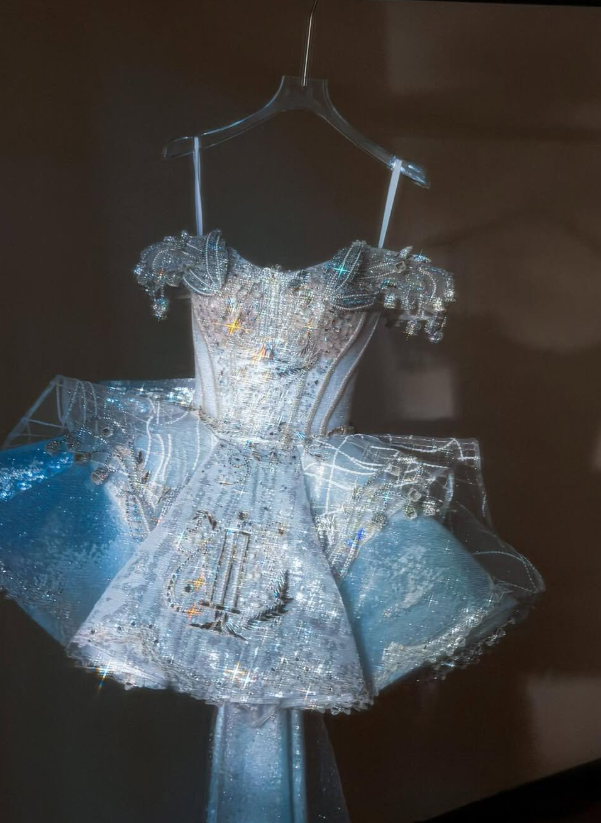 Stunning Blue A Line Off the Shoulder Exquisite Beaded Sequin Tulle Short Prom Dress Homecoming Dress DP6631