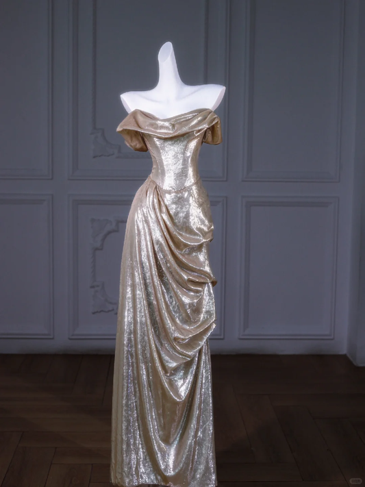 Golden Elegant A Line Off the Shoulder Pleated Satin Long Prom Dress Formal Dress DP3241