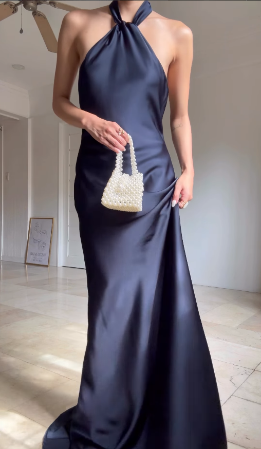 Simple Sheath Halter Navy Blue Satin Open Back Graduation Prom Dress DP4875