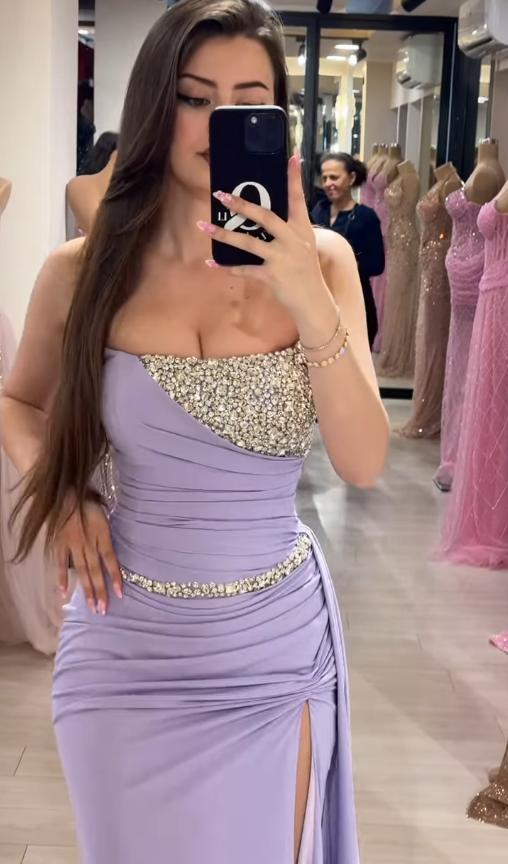 Gentle Purple Mermaid Strapless Rhinestone Satin Long Prom Dress Evening Dress DP4392