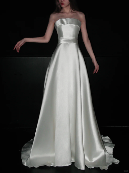 Simple Glossy A Line Strapless White Satin Wedding Dress DP5202