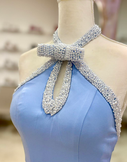 Sweety Light Blue Mermaid Pearl Satin Long Prom Dress Evening Dress DP6565