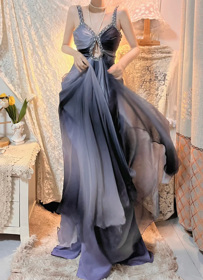 Unique Grey Ombre A Line Spaghetti Strap Beaded Chiffon Long Prom Dress Wedding Guest Dress DP4276