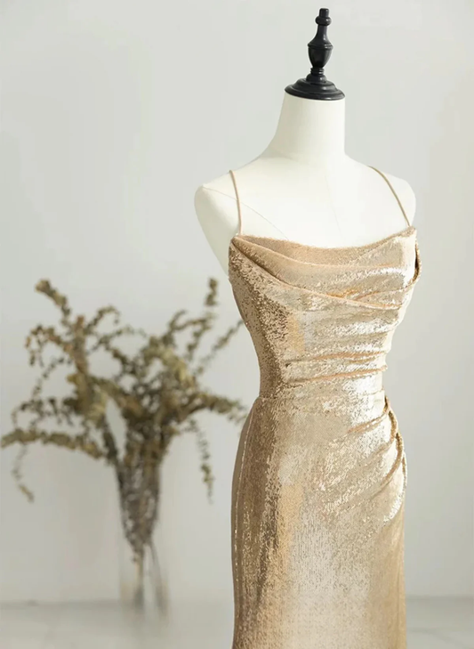 Chic Champagne Sequins Mermaid Long Prom Dress Backless Evening Dress DP450