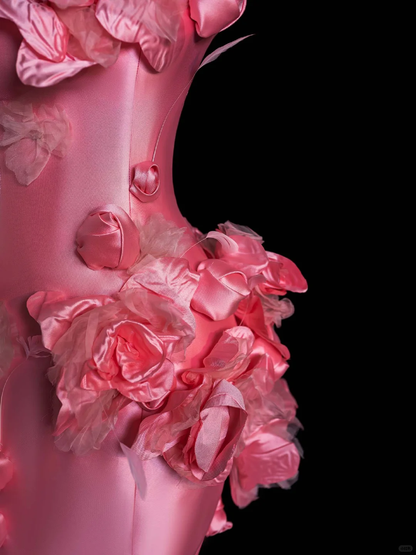 Unique Mermaid Strapless Pink Flower Satin Long Prom Dress Evening Dress DP2096