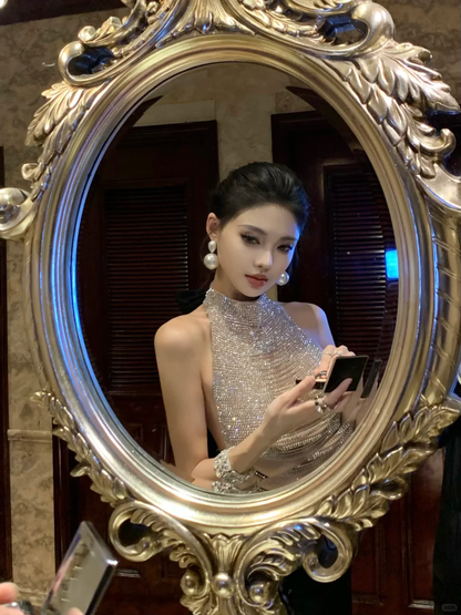 Sexy Mermaid Halter Sequin Beaded Satin Open Back Prom Dress Party Dress DP4552