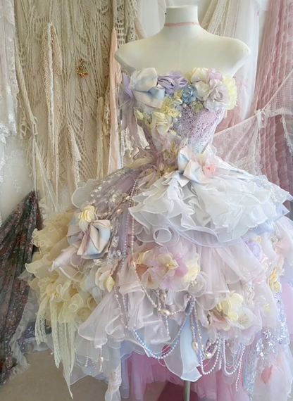 Dreamy Multi-color A Line Strapless Floral Beaded Tulle Short Prom Dress 16th Birthday Dress DP3767