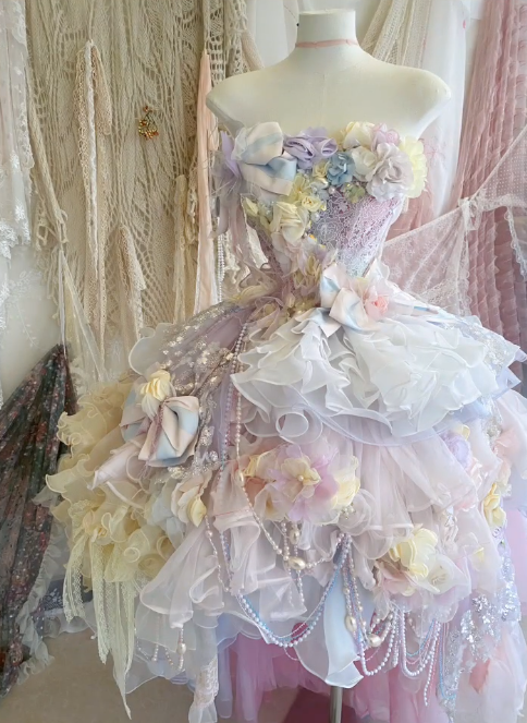 Dreamy Multi-color A Line Strapless Floral Beaded Tulle Short Prom Dress 16th Birthday Dress DP3767