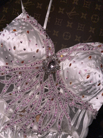 Vintage A Line Spaghetti Strap Beaded Silver Satin Long Prom Dress DP4422