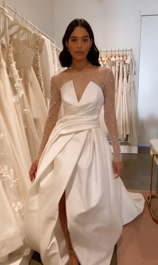 Elegant Ball Gown Long Sleeve Pearl White Tulle Satin Long Wedding Dress with Slit DP4302