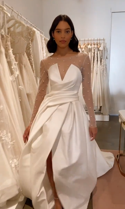 Elegant Ball Gown Long Sleeve Pearl White Tulle Satin Long Wedding Dress with Slit DP4302