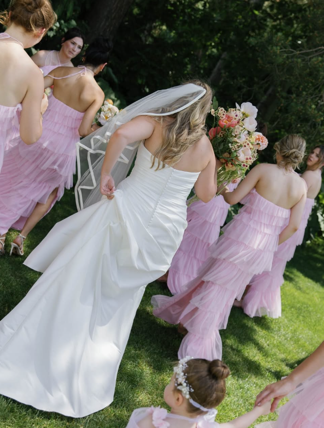 Sweety Pink A Line Halter Layered Tulle Long Bridesmaid Dress with Slit DP4967