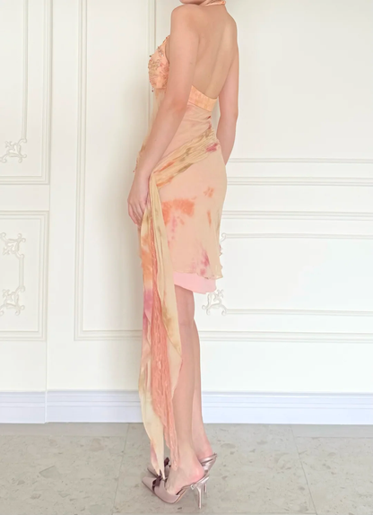 Summer Sheath Halter Beaded Print Floral Chiffon Short Prom Dress Homecoming Dress DP5432