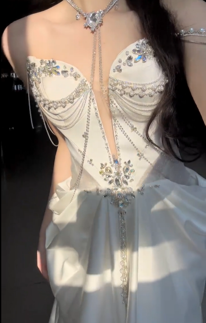 Sexy White Mermaid Sweetheart Neck Beaded Satin Prom Dress Graduation Ball Gown DP4579