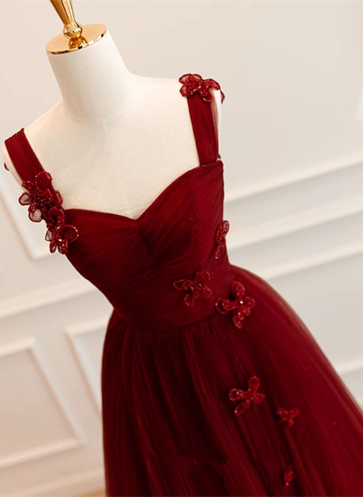 Tulle Sweetheart Straps Long Formal Dress, Burgundy Evening Dress Ball Gown DP118