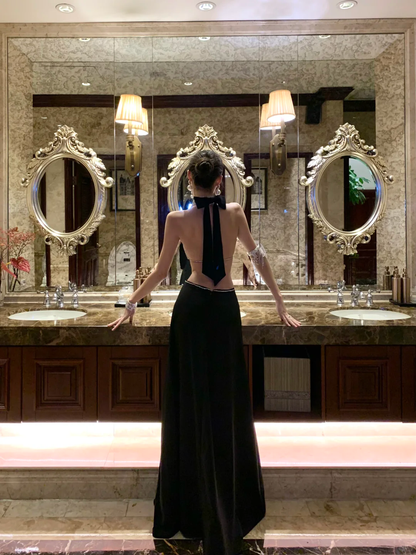 Sexy Mermaid Halter Sequin Beaded Satin Open Back Prom Dress Party Dress DP4552