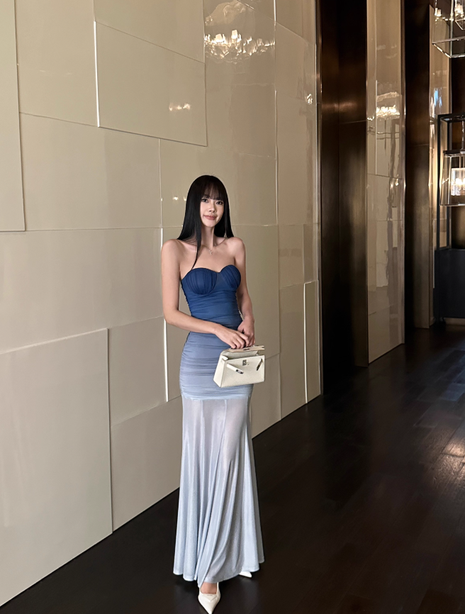 Blue Ombre Mermaid Strapless Pleated Tulle Prom Dress Formal Dress Evening Dress DP3455