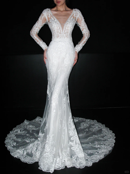 Elegant Mermaid Long Sleeve V Neck Lace Tulle Long Train Wedding Dress DP6366