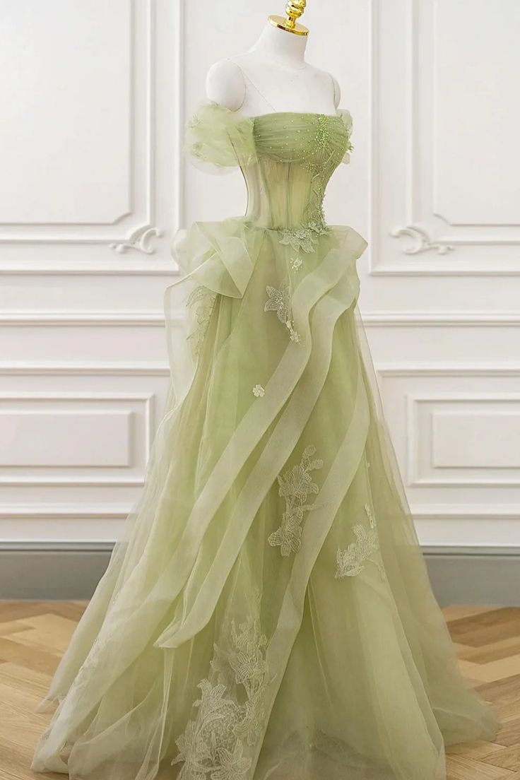 Light Green Tulle Appliques Beaded  Long Prom Dress Formal Evening Dress DP017