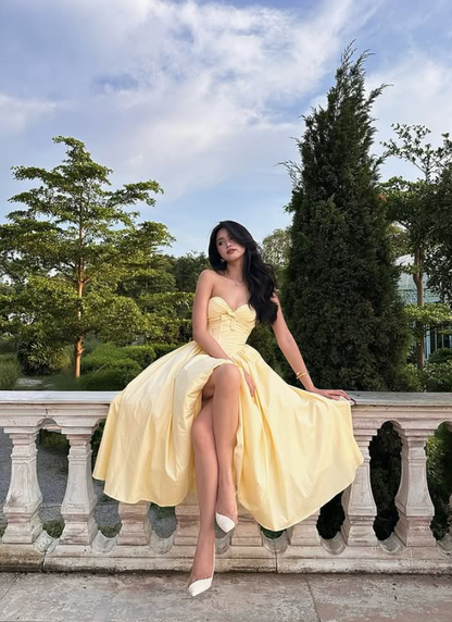 Light Yellow A Line Sweetheart Neck Satin Long Prom Dress 16th Birthday Dress DP3969