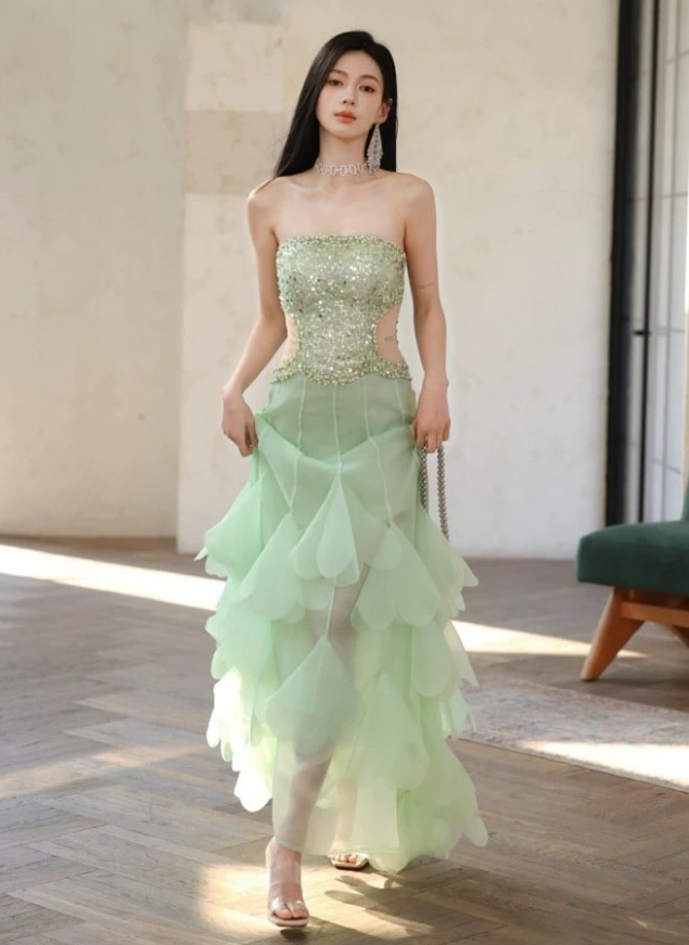 Summer Green Sequin Layered Chiffon Prom Dress Evening Dress DP5428