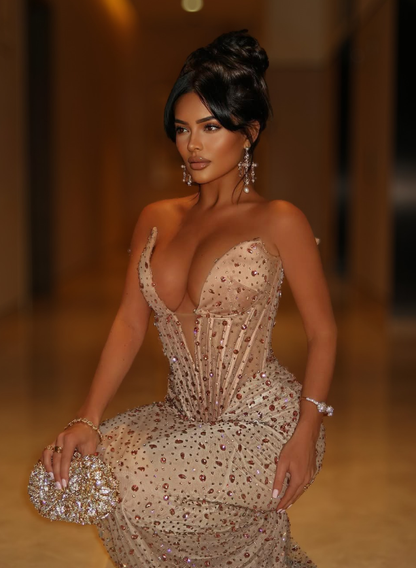 Sexy Sheath V Neck Exquisite Rhinestone Corset Tulle Satin Long Prom Dresses DP4624
