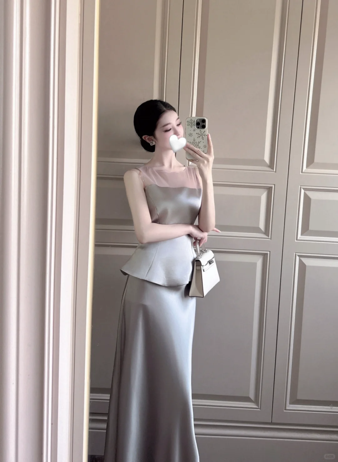 Grey Two Piece Mermaid Round Neck Satin Long Prom Dress Outfits DP4612