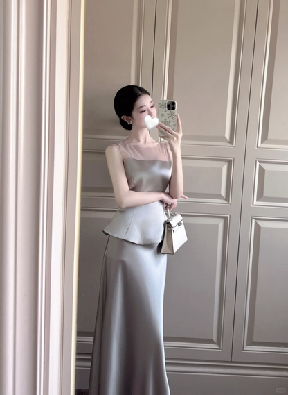 Grey Two Piece Mermaid Round Neck Satin Long Prom Dress Outfits DP4612
