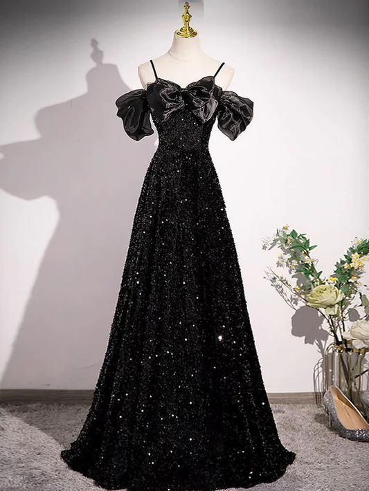 Cute Black Off Shoulder Sequin Long Prom Dress Bow Knot Evening Dress DP011