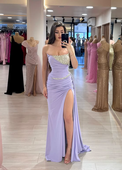 Gentle Purple Mermaid Strapless Rhinestone Satin Long Prom Dress Evening Dress DP4392