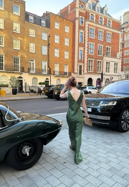 Simple Green A Line V Neck Satin Long Prom Dress Wedding Guest Dress DP4318