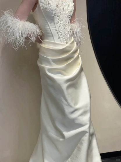 Pretty Mermaid Strapless Pearl Appliques White Satin Long Wedding Dress DP4420