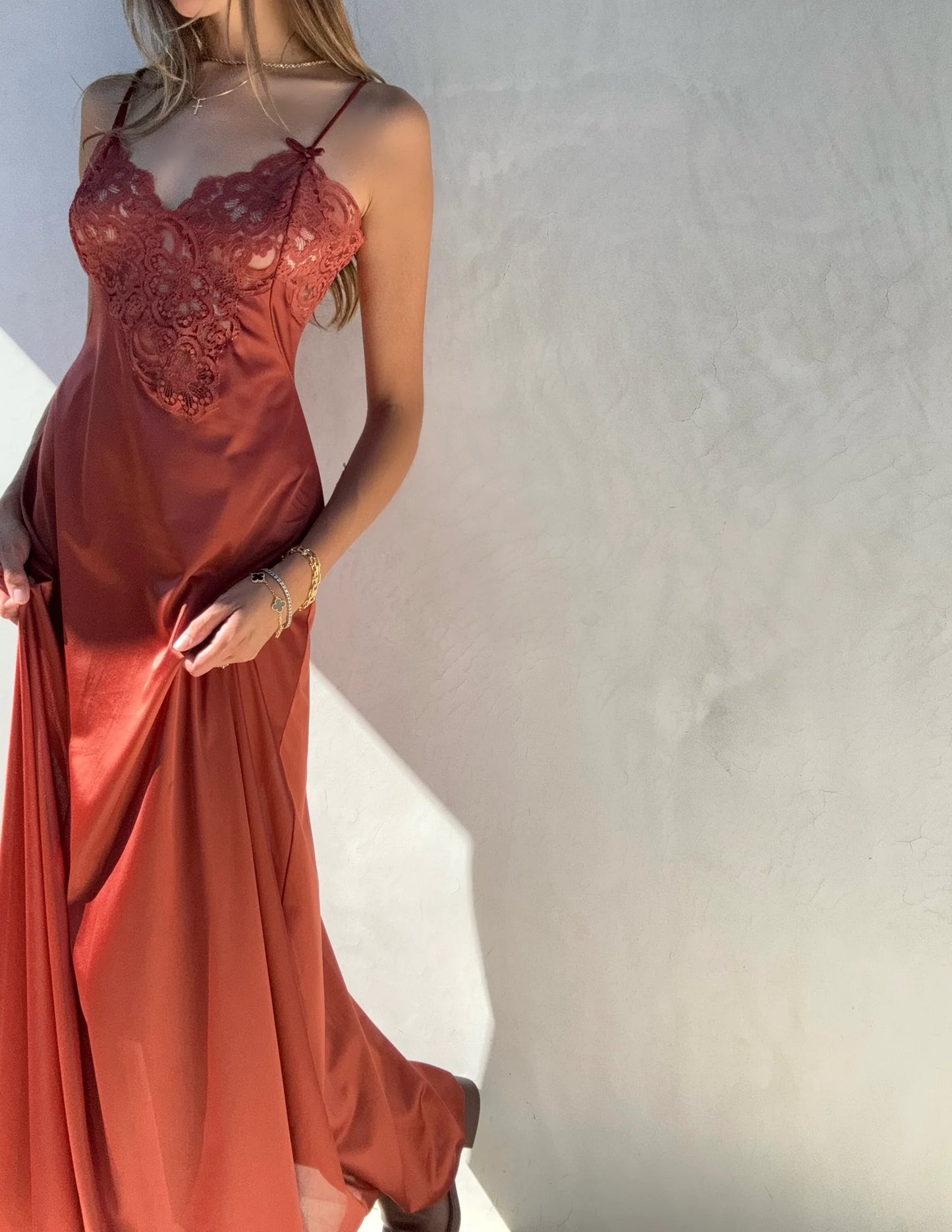 Brick Red A Line Spaghetti Strap Lace Satin Long Prom Dress Wedding Guest Dress DP3742